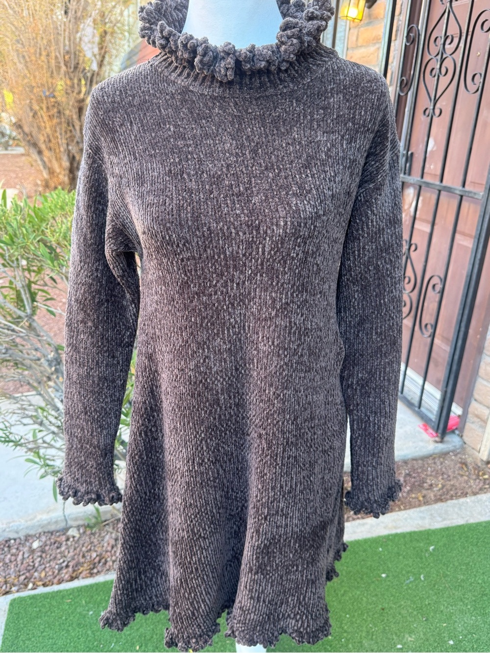 Newport News Brown Chenille Ruffle-Trim Cowl Sweater